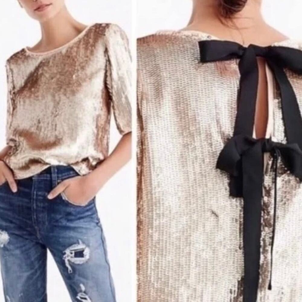J. CREW | Bianca Rose Gold Sequined Top Black ribbon Bow Back Blouse | Size 8